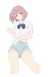 1girl ankle_socks blue_bow blue_bowtie blue_skirt bob_cut bow bowtie brown_eyes dress_shirt earrings full_body gluteal_fold highres jewelry koe_no_katachi kyoto_animation light_blush looking_at_viewer medium_hair nishimiya_shouko pink_hair plaid_clothes plaid_skirt pleated_skirt shirt skirt socks solo tanaka29556626 tareme white_background