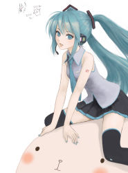 Rule 34 | 1girl, arm support, blue eyes, blue nails, hatsune miku, long hair, nail polish, sitting, solo, straddling, tama (tama&#039;s website), thighhighs, twintails, vocaloid, zettai ryouiki