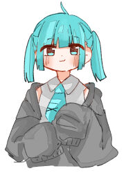 Rule 34 | 1girl, :3, alternate hairstyle, aqua eyes, aqua hair, aqua necktie, black cardigan, blunt bangs, cardigan, futon (o00 ux), grey shirt, hatsune miku, highres, long sleeves, necktie, open cardigan, open clothes, shirt, short hair, simple background, sleeves past fingers, sleeves past wrists, solo, twintails, white background