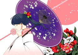 Rule 34 | 1girl, absurdres, black hair, coat, commentary request, closed eyes, flower, flower request, hair flower, hair ornament, highres, houshou (kancolle), japanese clothes, kantai collection, kimono, long hair, oil-paper umbrella, pako (pousse-cafe), pink kimono, ponytail, profile, simple background, solo, umbrella, upper body, white background, white coat