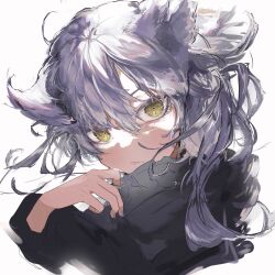 Rule 34 | 1girl, :/, absurdres, animal ears, closed mouth, commentary, cropped shoulders, eyebrows hidden by hair, fingernails, gaku, grey hair, grey nails, hair between eyes, hand up, highres, long hair, long sleeves, looking at viewer, multicolored hair, nail polish, original, portrait, simple background, solo, sweater, white background, wolf ears, yellow eyes