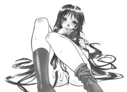 Rule 34 | 1girl, akiyama mio, blush, breasts, covered erect nipples, greyscale, k-on!, long hair, looking at viewer, monochrome, no panties, open mouth, senomoto hisashi, simple background, solo, very long hair, white background