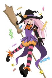 Rule 34 | 1girl, absurdres, arche klein, bracelet, broom, candy, food, full body, gloves, hat, highres, jewelry, leggings, long hair, looking at viewer, official art, open mouth, pantyhose, pink eyes, pink hair, pointy footwear, puffy pants, shoes, solo, striped clothes, striped leggings, striped pantyhose, tales of (series), tales of link, tales of phantasia, witch hat