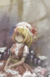 Rule 34 | 1girl, bad id, bad pixiv id, blonde hair, blouse, collared shirt, feathers, female focus, flandre scarlet, hat, mathnote, mob cap, ribbon, shirt, short hair, sitting, solo, touhou, white hat, white shirt, wings