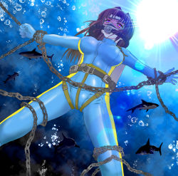 Rule 34 | 1girl, air bubble, animal, arai kojiro, belt buckle, blush, bodysuit, breasts, brown hair, bubble, buckle, chain, diving mask, goggles, highres, large breasts, original, outstretched arms, oxygen mask, oxygen tank, purple eyes, restrained, scuba, shark, short hair, skin tight, solo, spread legs, sunlight, sweatdrop, underwater, water