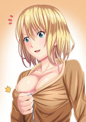 Rule 34 | 1girl, ^^^, blonde hair, blue eyes, blush, breasts, cleavage, collarbone, commentary request, cowboy shot, hair between eyes, highres, large breasts, long sleeves, original, short hair, solo, upper body, zaregoto tsukai no deshi
