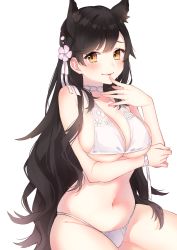 Rule 34 | 1girl, absurdres, animal ears, atago (azur lane), atago (summer march) (azur lane), atago (summer march) (azur lane), azur lane, bare shoulders, bikini, black hair, blush, bow, breast hold, breasts, brown eyes, chiyomaru (yumichiyo0606), choker, cleavage, collarbone, commentary request, flower, fox ears, groin, hair between eyes, hair bow, hair flower, hair ornament, hair ribbon, highres, large breasts, long hair, looking at viewer, mole, mole under eye, navel, official alternate costume, ribbon, sidelocks, simple background, sitting, smile, solo, stomach, swimsuit, underboob, wariza, white background, white bikini