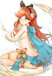 Rule 34 | 10s, 1girl, aldehyde, anklet, ass, bad id, bad pixiv id, barefoot, blush, bow, butt crack, feet, granblue fantasy, green eyes, hair bow, highres, jewelry, long hair, parted lips, red hair, sara (granblue fantasy), soles, solo, thighs, topless