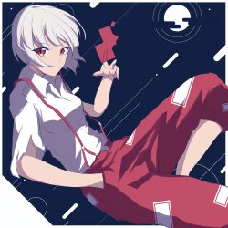 Rule 34 | 1girl, absurdres, alternate hairstyle, blue background, breasts, closed mouth, collar, collared shirt, fujiwara no mokou, hand in pocket, hand up, highres, looking to the side, medium breasts, no headwear, ofuda, ofuda on clothes, pants, red eyes, red pants, shirt, short hair, short sleeves, silver hair, sitting, solo, touhou, white shirt, yakumo kamiiya