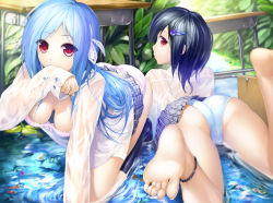 Rule 34 | 2girls, anklet, ass, bad id, bad pixiv id, barefoot, black hair, blue hair, bra, breasts, cleavage, covering own mouth, desk, downblouse, dress shirt, feet, from behind, hair ornament, hairclip, jewelry, kneehighs, legs up, long hair, looking at viewer, lying, md5 mismatch, medium breasts, multiple girls, nature, no shoes, on stomach, original, outdoors, panties, profile, red eyes, school desk, see-through, shirt, short hair, skirt, sleeves past wrists, socks, soles, solru, stream, the pose, toes, underwear, uniform, water, wet, wet clothes, wet shirt