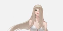 Rule 34 | 1girl, bare shoulders, blonde hair, breasts, cleavage, collarbone, female focus, green eyes, long hair, looking at viewer, original, phonic, simple background, solo, straight hair, white background