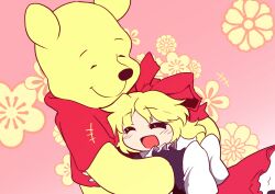 Rule 34 | :d, ^ ^, absurdres, blonde hair, brown shirt, closed eyes, commentary request, disney, floral background, hair ribbon, happy, highres, hug, kanisawa yuuki, medicine melancholy, open mouth, pink background, pooh, red ribbon, red shirt, red skirt, ribbon, shirt, skirt, smile, touhou, wavy hair, winnie the pooh