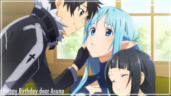 Rule 34 | 1boy, 2girls, aco (bearchannel), asuna (sao-alo), black coat, black eyes, black gloves, black hair, blue eyes, blue hair, character name, child, closed eyes, closed mouth, coat, couple, eye contact, fingerless gloves, framed, gloves, happy birthday, head on another&#039;s shoulder, hetero, highres, kirito, kirito (sao-alo), long hair, long sleeves, looking at another, multiple girls, pointy ears, short hair, smile, sword art online, yui (sao)