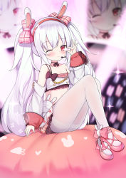 Rule 34 | 1girl, ankle ribbon, azur lane, blush, breasts, choker, cleavage, closed mouth, collarbone, commentary, detached sleeves, hairband, highres, idol clothes, irokari, knees up, laffey (azur lane), laffey (bunny idol @unmotivated) (azur lane), leg ribbon, long hair, looking at viewer, midriff, navel, ok sign, one eye closed, pantyhose, pink footwear, red eyes, ribbon, ribbon choker, sidelocks, silver hair, sitting, small breasts, smile, solo, stuffed animal, stuffed rabbit, stuffed toy, twintails, very long hair, white pantyhose