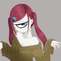 Rule 34 | 1girl, bare shoulders, blue eyes, breasts, cyclops, dress, frown, grey background, hair ornament, hairclip, highres, kuronyankokko, long hair, monster girl, one-eyed, original, pale skin, red hair, simple background, sleeves past wrists, sweatdrop, sweater, sweater dress, twintails