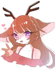 Rule 34 | 1girl, :3, :d, animal ears, antlers, bare shoulders, body fur, borrowed character, bow, bright pupils, brown fur, brown hair, collarbone, commentary request, deer, deer antlers, deer ears, deer girl, ear piercing, eyelashes, fictional persona, furry, furry female, heart, highres, horizontal pupils, horns, kayama akimaru (kayama akimaru), long hair, looking at viewer, open mouth, original, piercing, purple eyes, red bow, sbi arki, simple background, smile, solo, two-tone fur, v, white background, white fur, white pupils