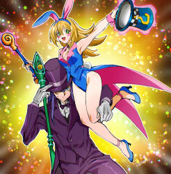 Rule 34 | 1boy, 1girl, 203wolves, animal ears, bare legs, bare shoulders, blonde hair, blue eyes, blue footwear, breasts, closed mouth, dark magician, dark magician girl, gloves, green eyes, hat, high heels, highleg, highleg leotard, holding, leotard, long hair, long legs, looking at viewer, magic trick, magician, medium breasts, open mouth, smile, staff, top hat, wand, yu-gi-oh!