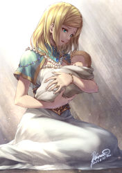 Rule 34 | 1girl, baby, baby carry, blanket, blonde hair, blouse, blue eyes, bracelet, carrying, commentary request, dress, fantasy, holding person, jewelry, lioreo, looking at another, medium hair, mother and son, necklace, open mouth, original, rhea (lioreo), ring, shirt, short sleeves, sitting, skirt, sleeping, wariza, white dress, white shirt, white skirt, zeus (lioreo)