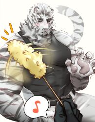 Rule 34 | 1boy, animal ears, arknights, artist request, bara, black tank top, blush, cat, cat teaser, covered abs, facial hair, feet out of frame, flustered, furry, furry male, goatee, hand up, highres, large hands, large pectorals, looking at viewer, male focus, mountain (arknights), muscular, muscular male, musical note, nipples, paw pose, pectorals, pov, pov hands, scar, scar across eye, scar on arm, short hair, solo focus, spoken musical note, tank top, thick eyebrows, tiger boy, tiger ears, trembling, white hair