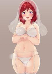 Rule 34 | 1girl, absurdres, blush, bra, breasts, cleavage, garter belt, garter straps, highres, legs together, looking at viewer, love live!, love live! school idol project, medium breasts, navel, nishikino maki, open mouth, panties, purple eyes, pussy juice, red hair, shinonon (iso shino), shiny skin, short hair, skindentation, smile, solo, sweat, thighhighs, underwear, underwear only, white bra, white panties