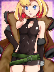 Rule 34 | 1girl, belt, blonde hair, blue eyes, cleavage cutout, clothing cutout, coat, earrings, elbow gloves, gloves, halterneck, hand on own hip, jewelry, junketsu no maria, maria (junketsu no maria), parted lips, shiny clothes, short hair, short shorts, shorts, solo, thighhighs