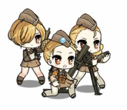 Rule 34 | 3girls, ammunition, animated, animated gif, blonde hair, blush stickers, crew-served weapon, firing, girls&#039; frontline, hair over one eye, hat, kneeling, lowres, m2 (girls&#039; frontline), m2 mortar, military, military hat, military uniform, mortar (weapon), multiple girls, radio, red eyes, shell (projectile), skirt, socks, su xiao jei, thighhighs, uniform