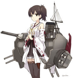 Rule 34 | 1girl, amagai tarou, bare shoulders, boots, brown eyes, brown hair, cosplay, detached sleeves, highres, japanese clothes, kaga (kancolle), kantai collection, kongou (kancolle), kongou (kancolle) (cosplay), long hair, looking at viewer, nontraditional miko, personification, short hair, side ponytail, simple background, skirt, solo, thigh boots, thighhighs, twitter username, white background