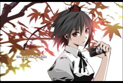 Rule 34 | 1girl, camera, english text, expressionless, female focus, hat, leaf, letterboxed, looking at viewer, masato (stealth wind second), parted lips, red eyes, shameimaru aya, solo, tokin hat, touhou, tree