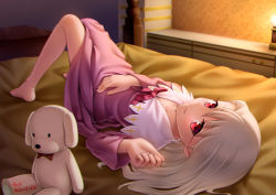 Rule 34 | 1girl, bedroom, closed mouth, collarbone, dress, fate/stay night, fate (series), from above, full body, gyatto624, highres, illyasviel von einzbern, indoors, long hair, long sleeves, looking at viewer, lying, on back, pink dress, red eyes, silver hair, smile, solo, stuffed animal, stuffed toy, twitter username