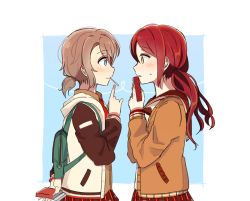 Rule 34 | 2girls, arm behind back, backpack, bad id, bad pixiv id, bag, blush, brown hair, brown jacket, brown neckwear, cardigan, closed mouth, eye contact, food, from side, heart, heart of string, holding, index finger raised, jacket, long hair, long sleeves, looking at another, love live!, love live! sunshine!!, low ponytail, low twintails, mouth hold, multiple girls, open clothes, open jacket, parted lips, plaid, plaid skirt, pleated skirt, pocky, profile, red hair, red skirt, sakurauchi riko, school uniform, serafuku, short hair, skirt, smile, sweatdrop, tareme, twintails, two-handed, two-tone background, upper body, watanabe you, white jacket, yellow eyes, yuri, yuyu (yuyunnm)