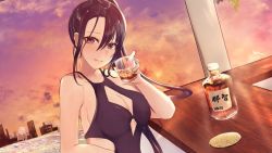 Rule 34 | 1girl, alcohol, alternate costume, bad id, bad twitter id, black hair, blush, breasts, brown eyes, building, cleavage, collarbone, cup, drinking glass, hair between eyes, holding, holding cup, kantai collection, long hair, looking at viewer, medium breasts, miyako (rgrayt), nachi (kancolle), side ponytail, solo, upper body