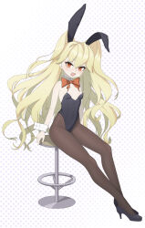 Rule 34 | 1girl, absurdres, animal ears, black footwear, black leotard, black pantyhose, blonde hair, bow, bowtie, breasts, character request, clover theater, detached collar, high heels, highres, leotard, long hair, pantyhose, playboy bunny, polka dot, polka dot background, rabbit ears, red eyes, sitting, small breasts, solo, stool, strapless, strapless leotard, two side up, white background, wrist cuffs, zhuan a zhuan