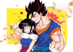 Rule 34 | 1boy, 1girl, :/, alternate color, alternate eye color, arm around shoulder, arms at sides, bare arms, bare shoulders, black hair, blue dress, blue eyes, blunt bangs, breasts, chi-chi (dragon ball), china dress, chinese clothes, clenched teeth, closed mouth, dougi, dragon ball, dragon ball (classic), dragonball z, dress, earrings, floral background, flower, gloves, grin, haebara zanka, half-closed eyes, heart, hetero, highres, jewelry, leaf, looking at another, looking down, medium breasts, muscular, patterned background, pectorals, polka dot, polka dot background, ponytail, potara earrings, profile, red flower, red hair, rose, sidelocks, simple background, sleeveless, sleeveless dress, smile, square, striped, striped background, sweatdrop, teeth, time paradox, twitter username, two-tone background, vegetto, white flower, white gloves, white rose, yellow background