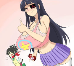 Rule 34 | +++, 10s, 2girls, :d, = =, alternate breast size, asuka (senran kagura), bare shoulders, black hair, blunt bangs, blush, bottle, breasts, cleavage, closed mouth, collarbone, covered erect nipples, crop top, curvy, dutch angle, eyepatch, flat chest, gigantic breasts, green necktie, green skirt, groin, hair ribbon, holding, holding bottle, huge breasts, index finger raised, long hair, looking at viewer, matsu-sensei, microskirt, midriff, mirai (senran kagura), multiple girls, navel, necktie, nose blush, open mouth, pleated skirt, ponytail, purple skirt, red eyes, red scarf, ribbon, scarf, senran kagura, short sleeves, skirt, smile, standing, star (symbol), star print, sweater vest, sword, thighhighs, thumbs up, very long hair, weapon, white legwear, white ribbon, wide hips