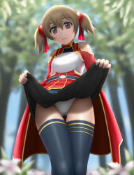 Rule 34 | 10s, 1girl, armor, bare shoulders, black thighhighs, breastplate, brown hair, cameltoe, clothes lift, highres, looking at viewer, panties, pantyshot, red eyes, short hair, short twintails, silica, siraha, skirt, skirt lift, solo, sword art online, thighhighs, twintails, underwear, upskirt, white panties