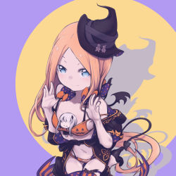 Rule 34 | 1girl, abigail williams (fate), absurdres, bare shoulders, between breasts, bikini, black jacket, blonde hair, blue eyes, breasts, collarbone, daisi gi, demon tail, demon wings, fate/grand order, fate (series), forehead, halloween, halloween costume, hat, highres, jacket, lavinia whateley (fate), long hair, looking at viewer, navel, off shoulder, orange bikini, parted bangs, small breasts, smile, stuffed toy, swimsuit, tail, thighs, wings, witch hat