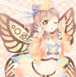 Rule 34 | 1girl, ;), ;o, alternate hairstyle, animal print, artist name, artist request, bandeau, belt, black belt, black choker, blue ribbon, blush, breasts, brown eyes, brown hair, butterfly print, butterfly wings, checkered background, choker, cleavage, collarbone, cropped jacket, double ok sign, earrings, female focus, floating hair, flower earrings, frilled skirt, frills, hair between eyes, hat, hat ribbon, heart, heart print, insect wings, jacket, jewelry, kunikida hanamaru, light brown hair, long hair, long sleeves, looking at viewer, love live!, love live! school idol festival, love live! sunshine!!, medium breasts, miniskirt, mitaiken horizon, mitaiken horizon (love live!), ok sign, one eye closed, parted lips, plaid, plaid skirt, pleated, pleated skirt, ribbon, skirt, smile, solo, sparkle, wavy hair, white bandeau, white skirt, wings, wink, yellow eyes, yellow hat, yellow jacket