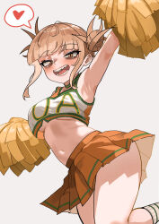Rule 34 | 1girl, absurdres, bags under eyes, blonde hair, boku no hero academia, breasts, double bun, fangs, hair bun, highres, looking at viewer, medium breasts, messy hair, narrowed eyes, open mouth, simple background, slit pupils, smile, solo, toga himiko, u.a. cheerleader uniform, yellow eyes, zd (pixiv6210083)
