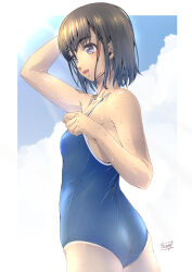 Rule 34 | ass, black hair, blue eyes, breasts, competition school swimsuit, highres, kofune mio, mao (6r), one-piece tan, outside border, school swimsuit, short hair, small breasts, summertime render, swimsuit, tan, tanline