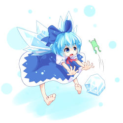 Rule 34 | 1girl, absurdres, barefoot, bent over, blue eyes, blue hair, bow, cirno, dress, failure, frog, full body, guiyunxiyin, hair bow, highres, ice, looking away, matching hair/eyes, open hands, open mouth, outstretched arms, polka dot, polka dot background, puffy short sleeves, puffy sleeves, ribbon, short hair, short sleeves, simple background, solo, touhou, wings