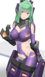 Rule 34 | 1girl, :p, absurdres, bad id, bad pixiv id, black gloves, blunt bangs, blush, breasts, cleavage cutout, clothing cutout, commentary request, cosmic break, frau adone, gloves, green hair, headgear, highres, hime cut, large breasts, long hair, looking at viewer, mecha musume, pallad, partial commentary, purple eyes, simple background, solo, tongue, tongue out, white background