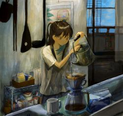 Rule 34 | 1girl, :o, blue hairband, brown eyes, brown hair, coffee mug, coffee pot, commentary request, cup, denim, hair between eyes, hairband, highres, ineuoy, jeans, kettle, long hair, mug, original, pants, pouring, red hairband, shirt, short sleeves, solo, steam, two side up, white shirt