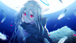 Rule 34 | 1girl, backlighting, black coat, blue sky, blurry, coat, commentary request, crying, crying with eyes open, expressionless, feathered wings, feathers, full moon, gradient sky, hair between eyes, halo, hand on own neck, high collar, highres, long hair, looking at viewer, moon, necojishi, original, parted lips, petals, red eyes, sky, solo, sparkle, star (sky), starry sky, tears, upper body, white hair, white wings, wings