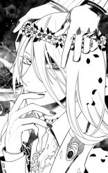 Rule 34 | 1boy, fate/grand order, fate (series), greyscale, hair down, head wreath, long hair, looking at viewer, looking to the side, male focus, monochrome, nail polish, peacock feathers, sindri, smile, solo focus, wolfgang amadeus mozart (fate), wolfgang amadeus mozart (traveling outfit) (fate)