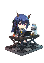 Rule 34 | 1girl, absurdres, arknights, black gloves, black jacket, blue hair, book, book stack, ch&#039;en (arknights), checkered floor, chibi, commentary request, computer, dragon horns, fingerless gloves, gloves, hair between eyes, highres, horns, jacket, laptop, long hair, low twintails, necktie, open clothes, open jacket, red eyes, shadow, shirt, simple background, sitting, solo, swivel chair, table, tissue box, twintails, white background, white shirt, wing collar, yellow necktie, yunkaiming
