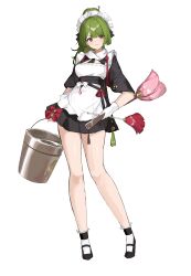 Rule 34 | 1girl, absurdres, apron, black dress, brown eyes, bucket, closed mouth, commentary, dress, elbow sleeve, full body, green hair, highres, holding, holding bucket, looking to the side, maid, maid apron, maid headdress, original, parted bangs, ponytail, shiro wa (shiroshironix), short dress, simple background, smile, solo, standing, thighs, waist apron, white background, white headdress