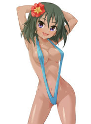 Rule 34 | 10s, 1girl, armpits, arms behind head, arms up, blue one-piece swimsuit, blue slingshot swimsuit, breasts, dark-skinned female, dark skin, flower, green hair, hair flower, hair ornament, idolmaster, idolmaster cinderella girls, natalia (idolmaster), navel, o/, one-piece swimsuit, open mouth, outstretched arms, purple eyes, short hair, slingshot swimsuit, smile, solo, swimsuit, tilm, white background