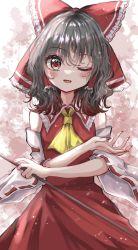 Rule 34 | 1girl, absurdres, ascot, bare shoulders, black hair, blush, bow, detached sleeves, fang, fingernails, gohei, hair between eyes, hair bow, hair tubes, hakurei reimu, highres, holding, japanese clothes, kayon (touzoku), nail polish, nontraditional miko, one eye closed, open mouth, red bow, red eyes, red nails, ribbon-trimmed sleeves, ribbon trim, short hair, sidelocks, smile, solo, touhou, upper body, wide sleeves, yellow ascot