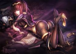 Rule 34 | 1girl, 2015, artist name, ass, bed sheet, blunt bangs, bodystocking, bodysuit, book, bracelet, breasts, bridal gauntlets, brown hair, cape, carpet, circlet, dated, feet, fire emblem, fire emblem awakening, from behind, grimoire, hellyon white, high heels, holding, holding book, jewelry, legs up, long hair, long sleeves, looking at viewer, looking back, lying, medium breasts, nintendo, on bed, on stomach, parted lips, pelvic curtain, pillow, pink lips, purple eyes, see-through, shoe dangle, shoes, unworn shoes, sidelocks, single shoe, solo, teeth, tharja (fire emblem), thighlet, twisted neck, two side up, yellow footwear