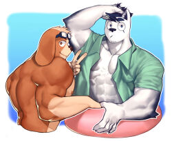 Rule 34 | 2boys, animal ear fluff, animal ears, bara, blue doggo (ttn), blue fur, blue hair, dog boy, dog ears, facial hair, furry, furry male, goatee stubble, goggles, goggles on head, hand in own hair, highres, innertube, large pectorals, looking back, male focus, multiple boys, muscular, muscular male, nipples, open clothes, open shirt, original, pectoral cleavage, pectorals, short hair, stubble, swim ring, thick eyebrows, ttn (239 239), two-tone fur, v, white fur